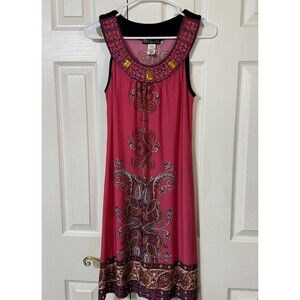VTG volume one STUNNING Hot Pink‎ multicolor beaded Paisley neck Dress -M